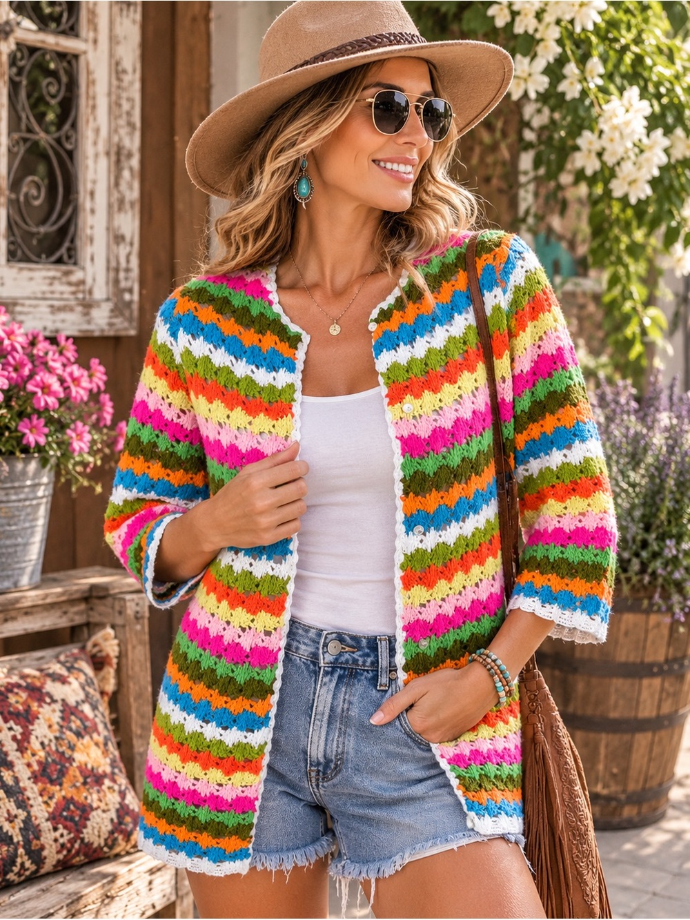 Vintage 1960s Made in Japan Rainbow Crochet Cardigan Sweater Neon Stripe Size S